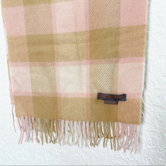 Louisa Perini 100% Cashmere fringe Plaid Scarf Pink & Beige - Picture 5 of 6